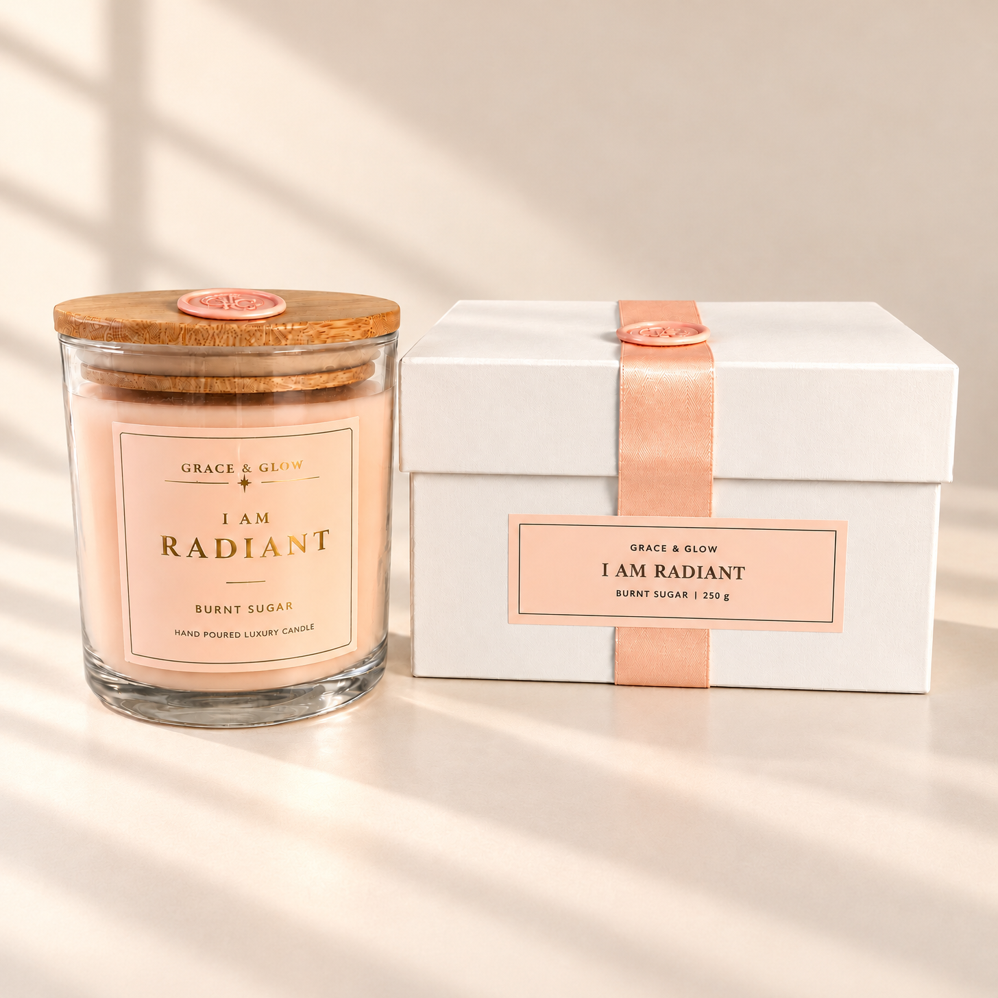 Grace & Glow 250 g I Am Radiant candle with bamboo lid and wax seal beside its closed ivory gift box