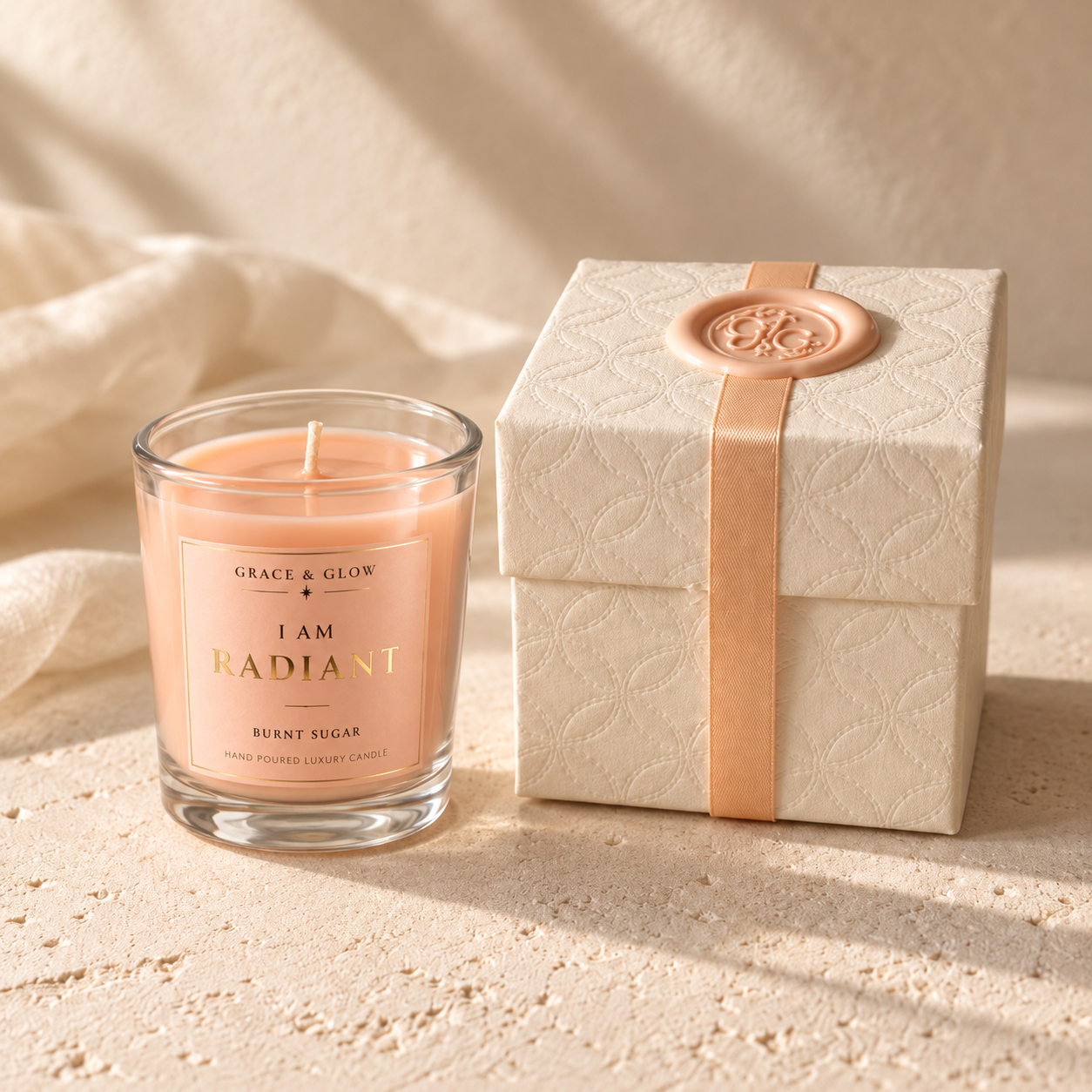 Grace & Glow 80 g I Am Radiant votive candle beside its closed gift box