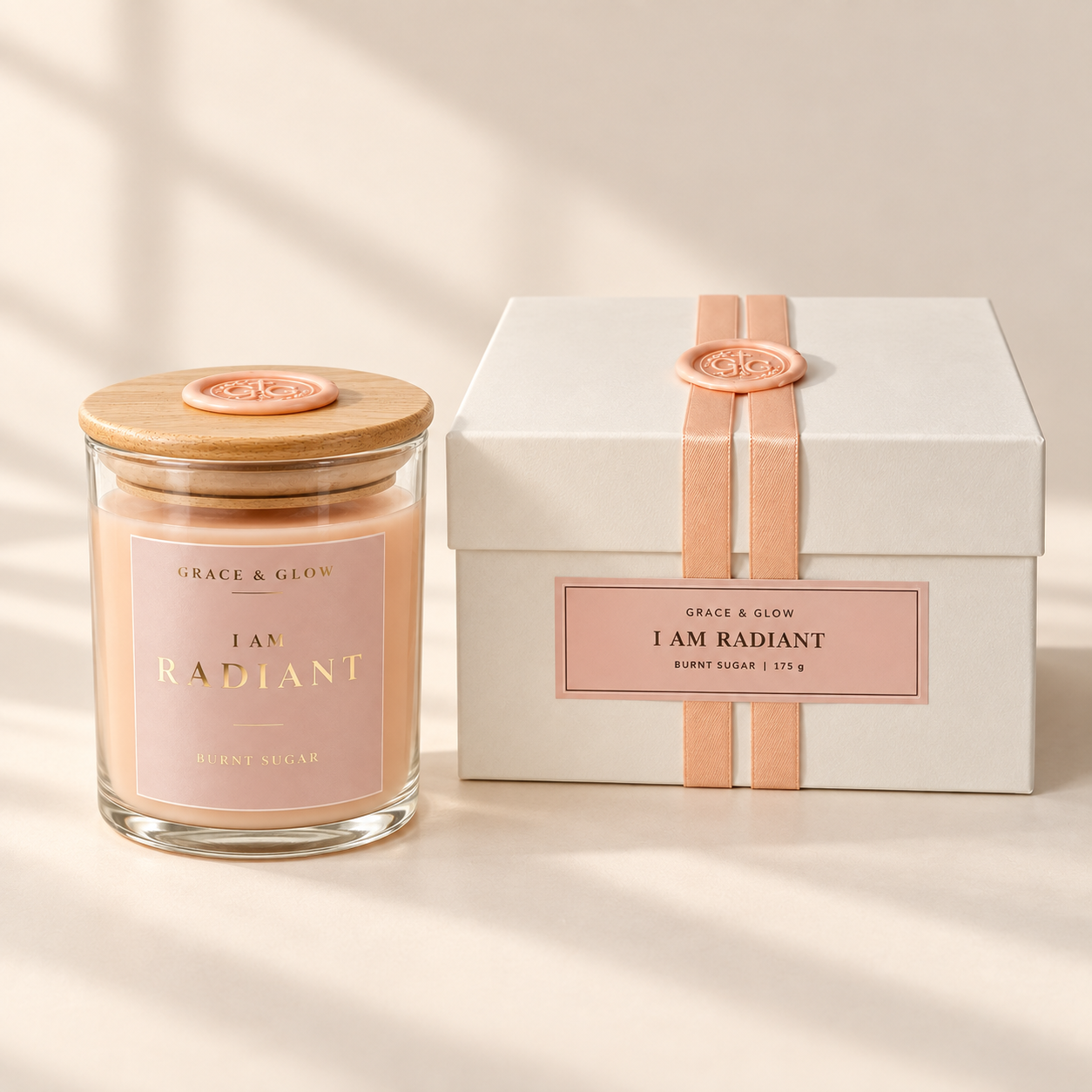 Grace & Glow 175 g I Am Radiant candle with bamboo lid beside its closed ivory gift box