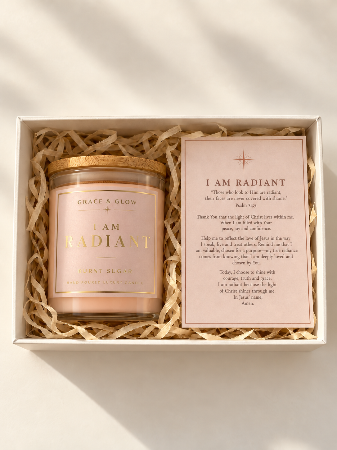 Grace & Glow 175 g I Am Radiant candle with its prayer card packed inside the open gift box