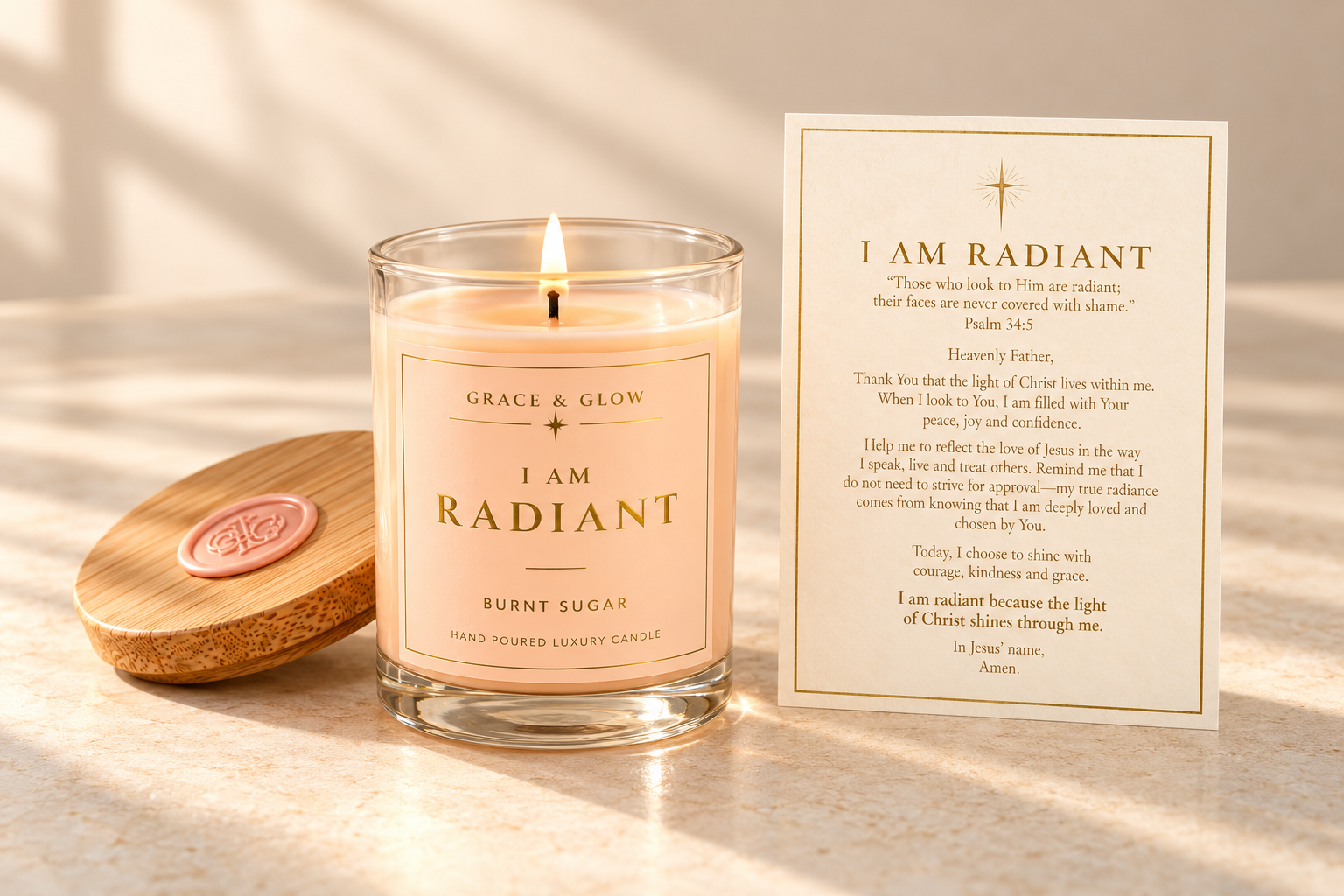 A lit Grace & Glow I Am Radiant candle in its clear glass jar with its bamboo lid and peach wax seal resting beside it, next to the upright I Am Radiant prayer card on a warm ivory surface