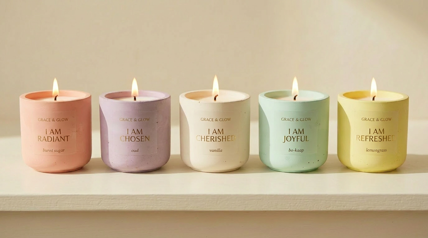 The Grace & Glow collection — five hand-poured candles in coral, dusty mauve, ivory, mint and pastel lemon vessels